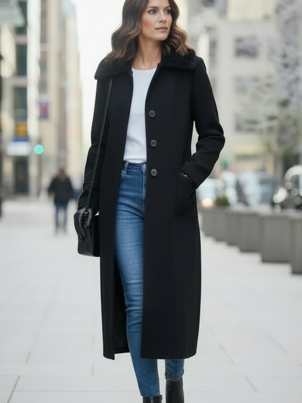 Marvin Richards Black Long Coat with Faux Fur Collar Trim
